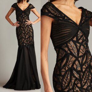 NWT TADASHI SHOJI Opalie Off Shoulder Leaf Motif Gown Dress Black Nude